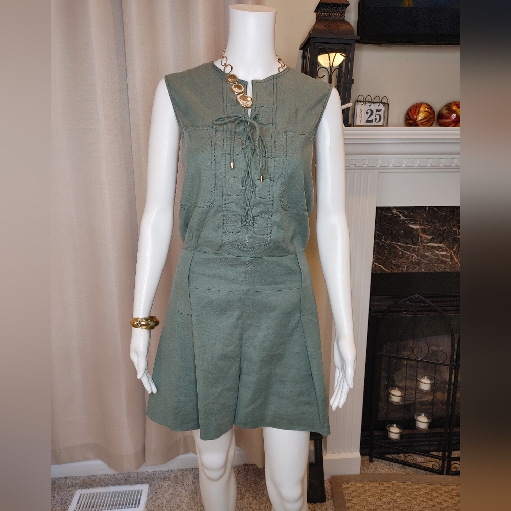DEREK LAM 10 CROSBY Sleeveless Lace Up Romper in Army 6 - Picture 3 of 11